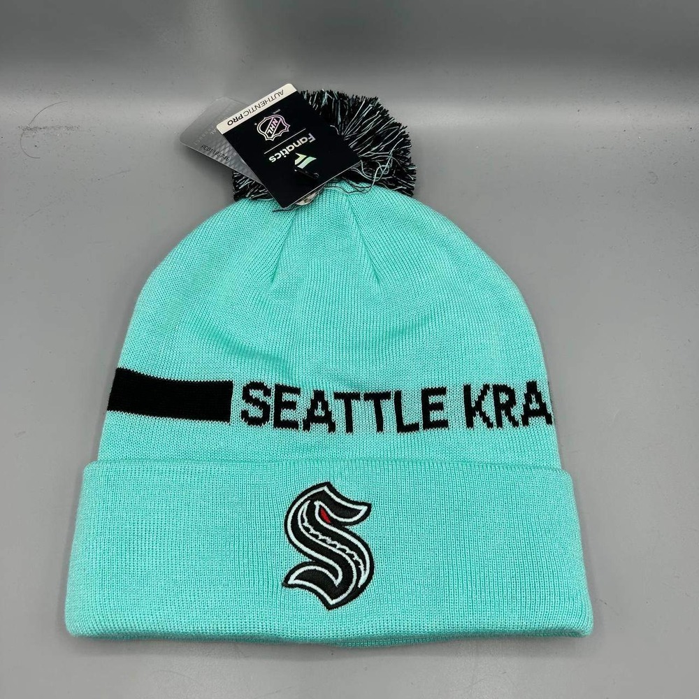 Seattle Kraken NHL Hat Men Blue Black Fanatics Cuffed Beanie Pom Pom Cap New